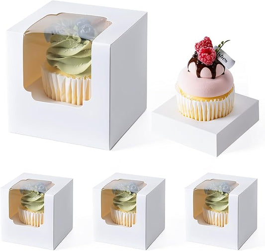 Hoewina 28PCS Cupcake Boxes, Individual Cupcake Containers with Window, Food Grade Cupcake Holders Carrier with Inserts, Stackable Deep Cake Box for Birthday Holiday Party Bakery Supplies (White)