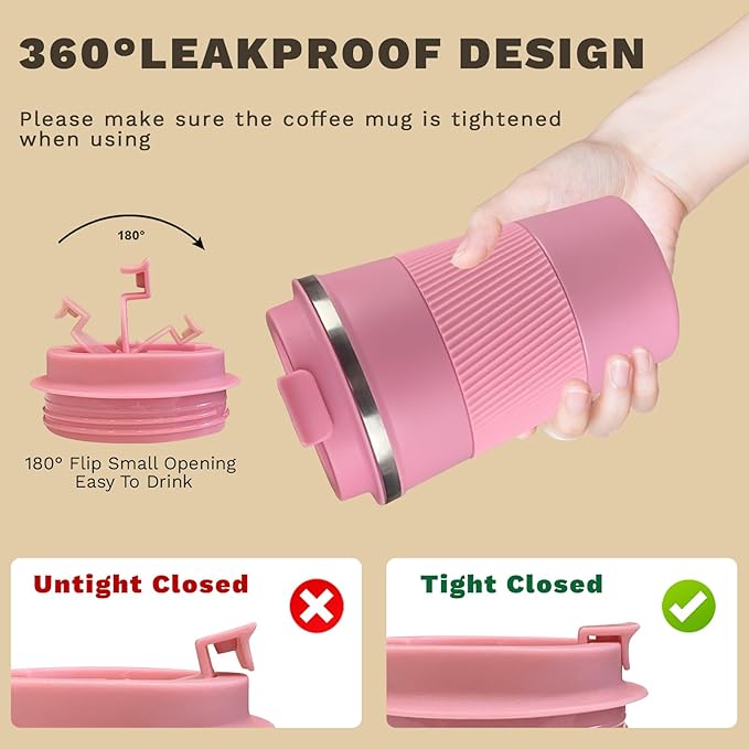 SPLMIFA Vacuum-Insulated Stainless Steel Travel Coffee Mug, Leak-Proof Reusable Coffee Cup with Lid - Keep Hot & Cold Drinks for Hours, Durable Insulated Tumbler for Men & Women(3rd-Pink, 12OZ)