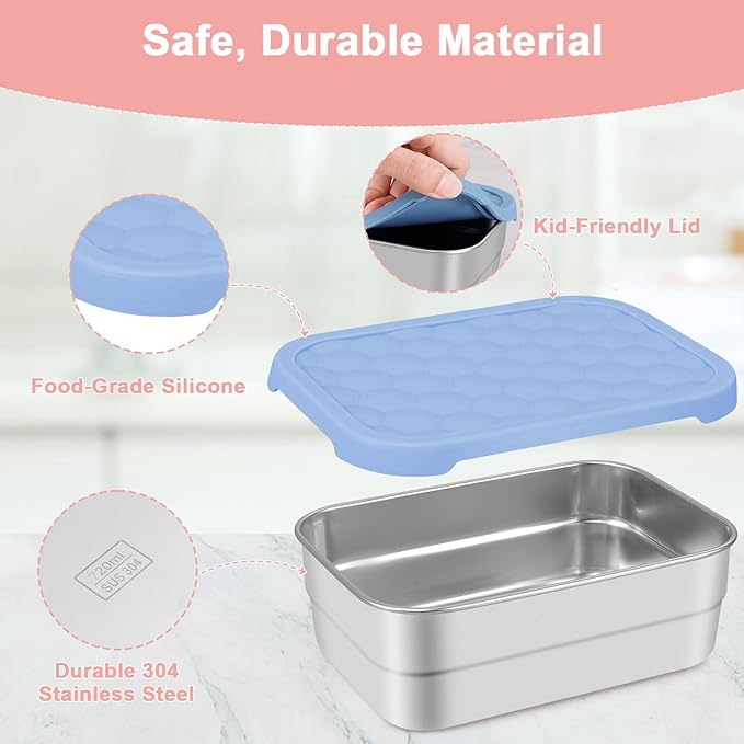 Caperci 25oz Large Stainless Steel Food Containers, 3-Pack Bento Lunch Box with Silicone Lids, Leak-Proof Reusable Meal Prep Container for Sandwiches & Snacks, BPA-Free (720ML)