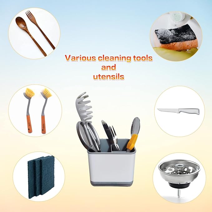 Kitchen Dish Brush Holder, Utensil Drying Caddy, Scrubber/Bottle Brush/Sponge Holder, Kitchen Sink Counter Organizer with Removable Drain Tray, Plastic (Gray and White)