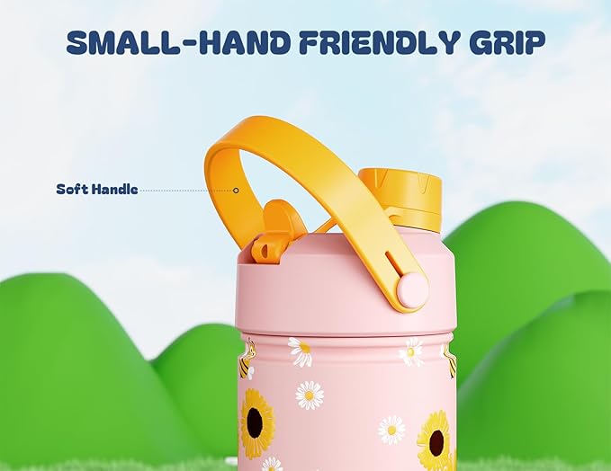 12 oz Kids Metal Water Bottle for School: Leakproof, Insulated Cup with Dual Straw Spout Lid, BPA-Free, Car Cupholder Friendly, 24H Cold for Camping, Sports, Birthday Gift for Girs (Bee the Sunshine)