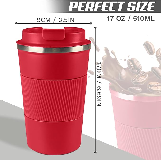 SPLMIFA Vacuum-Insulated Stainless Steel Travel Coffee Mug, Leak-Proof Reusable Coffee Cup with Lid - Keep Hot & Cold Drinks for Hours, Durable Insulated Tumbler for Men & Women(3rd-Red, 17OZ)