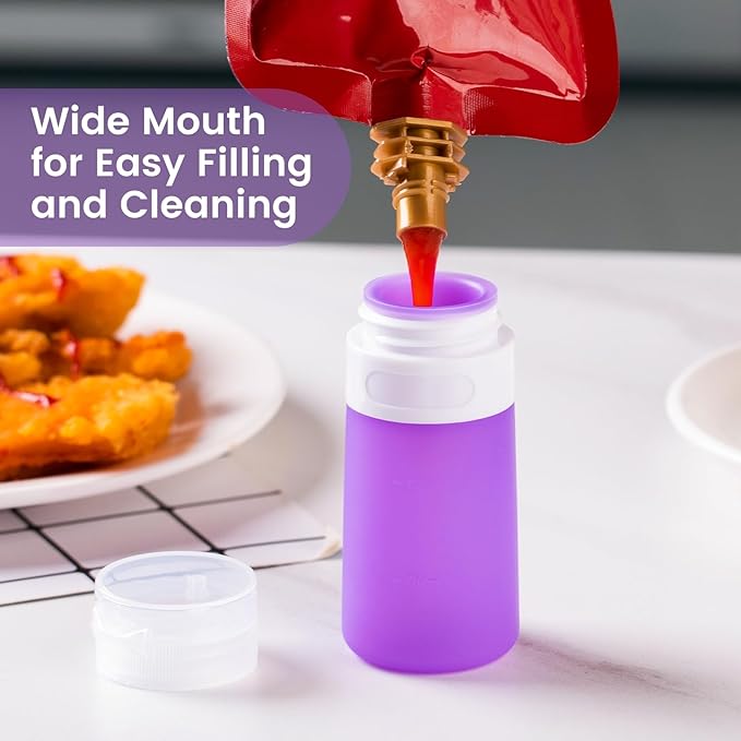 MICEBAY Condiment Squeeze Bottles for Sauces, 2-oz Mini Silicone Salad Dressing Container to Go with Snack Storage Bag, Leakproof Sauce Bottles for Lunch Box, 4 Pack, Purple