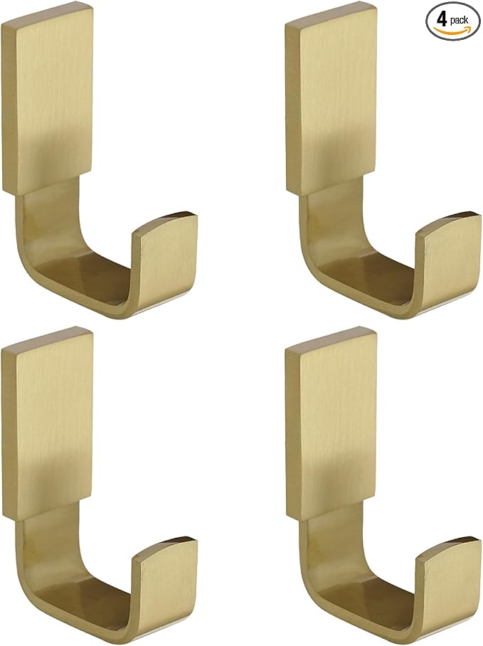 BESy Brass Clothes Hook Single Towel Hook for Bathroom Kitchen Garage Square Style Robe Hooks Coat and Hat Hook, Wall Mounted with Screws, Four Packs, Brushed Gold