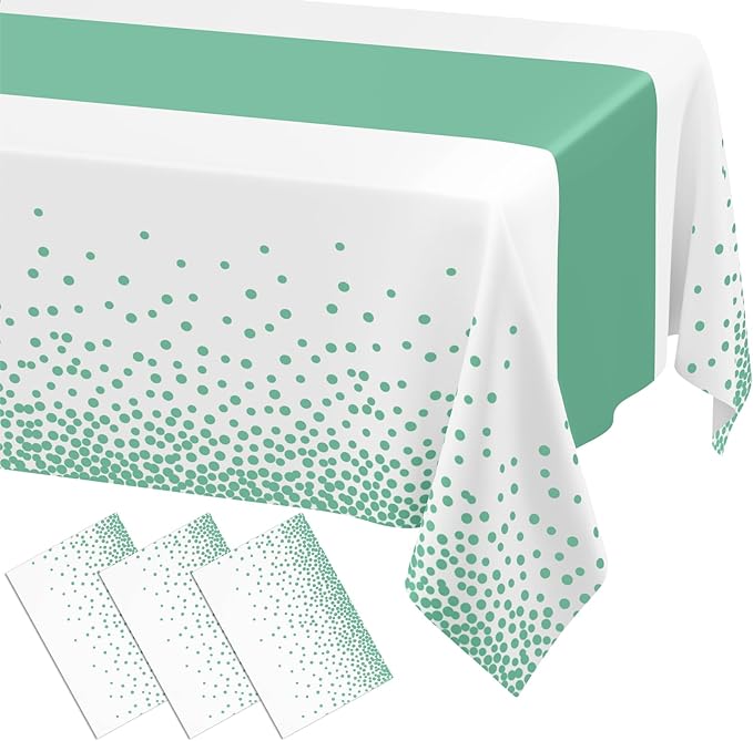 Smiry Plastic Table Cloth Disposable 3 Pack, 54 x 108 Inch Rectangle Waterproof Tablecloth, Printed Gold Table Runner Style for Birthday Weeding, Party Decorations, Leakproof & Sturdy, White and Teal