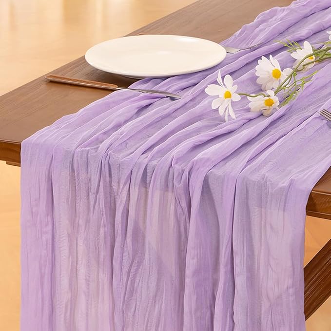Socomi 2pcs Lilac Purple Lavender Cheesecloth Table Runner Summer Boho Rustic Gauze 120 inch 10FT Cheese Cloth Sheer Runner for Wedding Party Baby Shower Birthday Home Decor Holiday Decorations