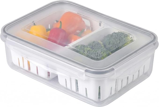 carrotez 6.3 Cup Produce Saver Container for Fridge with White Colander, Airtight Fruit & Vegetable Storage Bin, Removable Strainer Basket, BPA-Free, Stackable, 1.5L