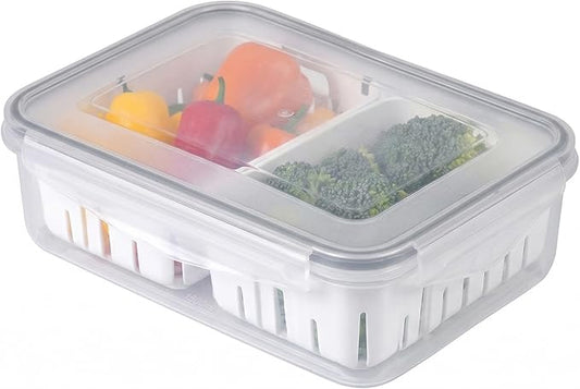 carrotez 6.3 Cup Produce Saver Container for Fridge with White Colander, Airtight Fruit & Vegetable Storage Bin, Removable Strainer Basket, BPA-Free, Stackable, 1.5L