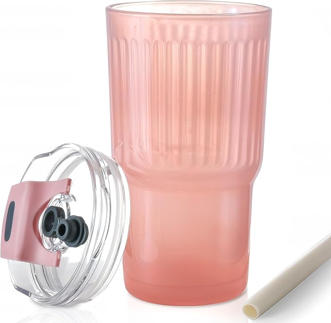 Iced Coffee Cups with Lids: Coffee Bar Accessories - Ribbed Glass Tumbler with Silicone Straw and Lid - 20oz Leak Proof Reusable Glass Cups and Tumblers with Lid and Silicone Straws(1Pcs-Pink)