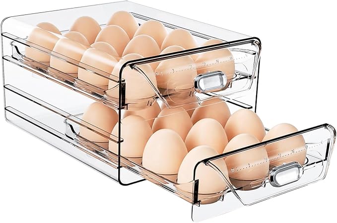 HIYOHIYO Clear 24 Egg Holder for Fridge, Large Egg Organizer for Refrigerator, Stackable Egg Storage Trays for Countertop, Eggs Drawer Dispenser with Time Scale (2 Layer, 7.9"x 6.3"x 5.5")