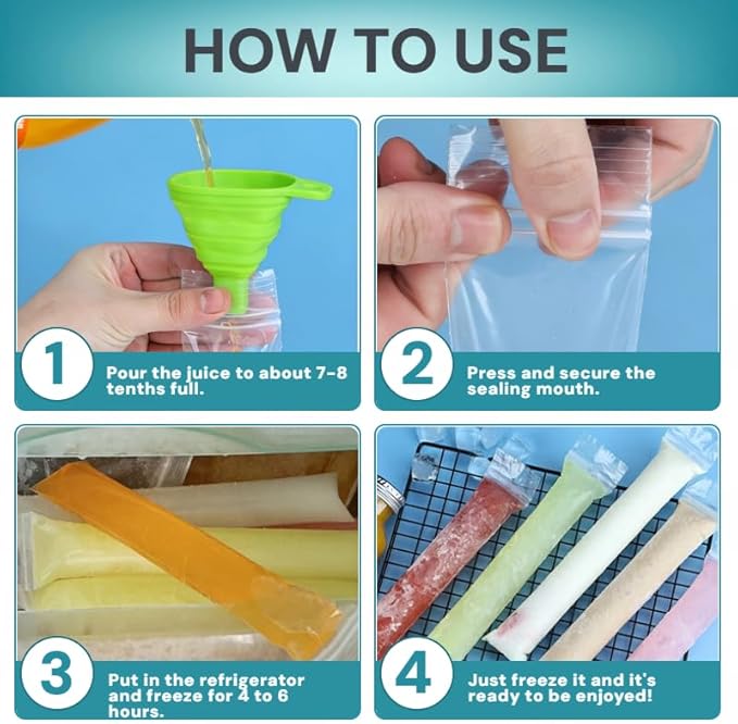 200 packs of disposable ice pops molds with funnels, for making homemade yogurt, juice and smoothie popsicles