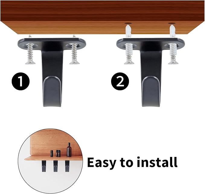 12PCS Stainless Steel Under-Shelf Coat Hook with Screws Mount Ceiling Hooks Top Mount Hooks Towel/Robe Clothes Hook for Bathroom Kitchen Cabinet (Black)