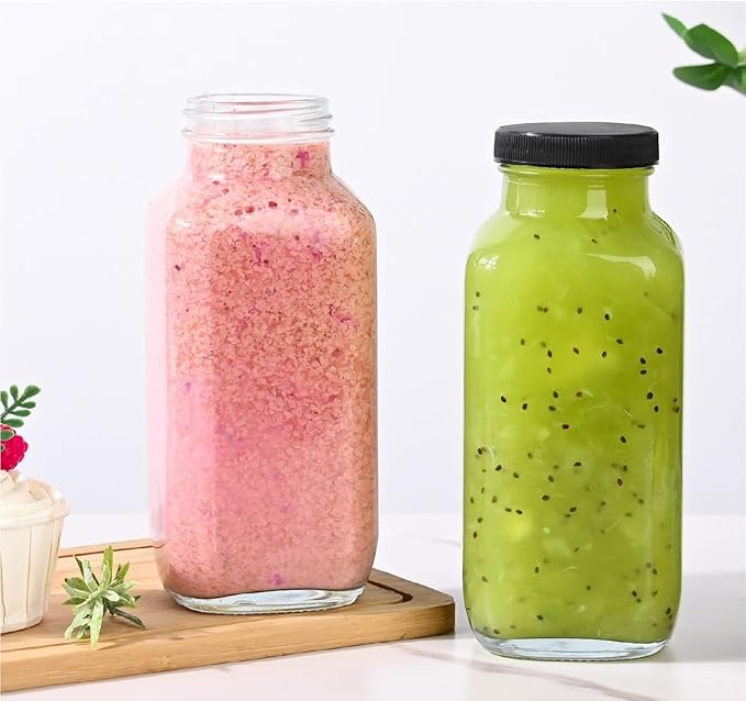 10 Pack 16oz Glass Juice Bottles with Lids - Reusable Juicing Bottles Glass Drinking Jars Containers with Airtight Lids & Cleaning Brush - Perfect for Juicing,Milk,Kombucha, and Storage