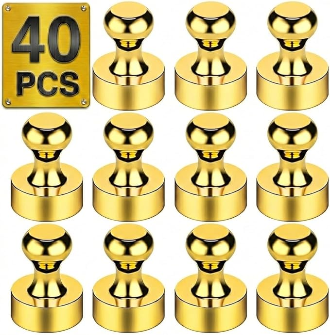 Metallic Magnets, Refrigerator Magnets, 40 Pack Gold Magnetic Push Pins, Strong Fridge Magnets, Multi-use Whiteboard Magnets Perfect for Kitchen Office Classroom