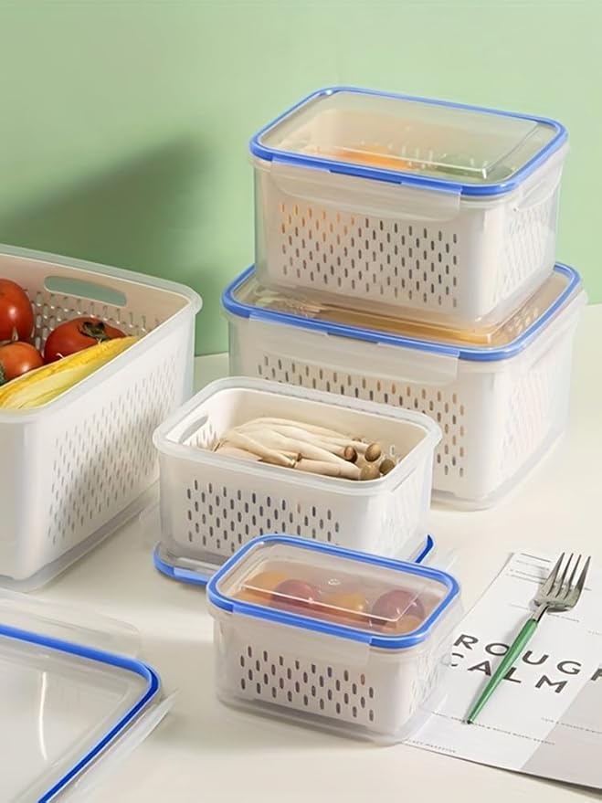 2 Pack Fruit Storage Containers for Fridge, Stackable Food Storage Containers with Removable Colander, Refrigerator Organizer with Drain Baskets Lids- Keeping Food Fresh Longer