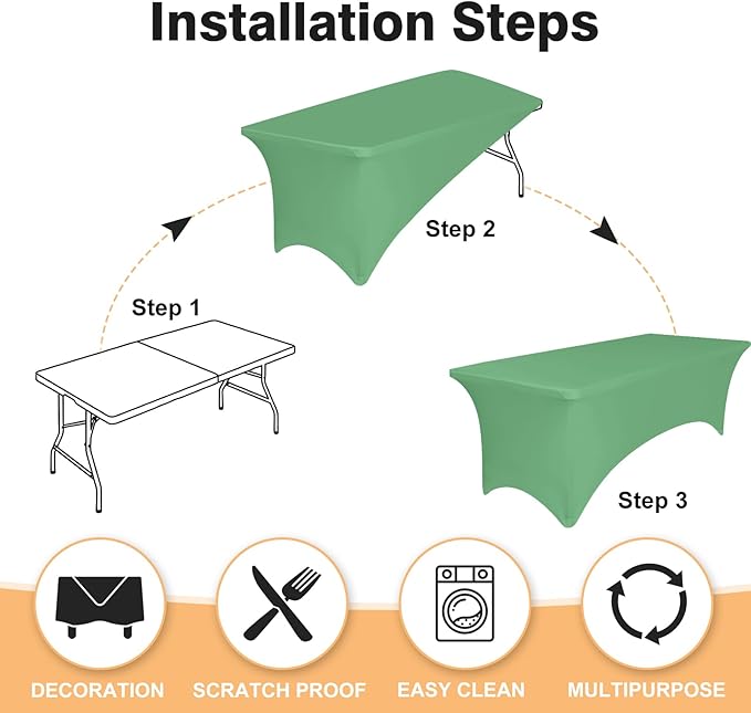 6 Pack 6 Feet Emerald Green Spandex Tablecloth for Tables, Fitted & Stretch, Washable, Wrinkle Resistant, Perfect for Event, Wedding, Party, Banquet, Cocktail, Festival, and Table Protector