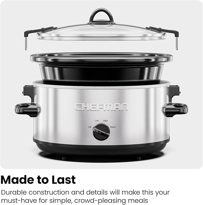 Chefman 6 Quart Slow Cooker with Locking Lid, Ceramic Crock with Portable Cook and Carry Travel Latching Lock, Large Easy Clean Dishwasher Safe Pot Insert, Manual 3 Heat Settings, Stainless Steel