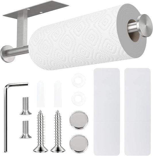 Paper Towel Holder Wall Mount - Self Adhesive No Drill or Drilling, SUS304 Stainless Steel - Kitchen, Bathroom, Sink, Pantry, Fridge (Silver)