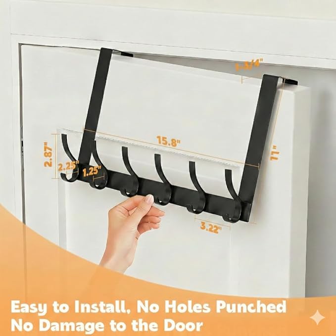 2 Pack Large Over The Door Hooks, Sturdy Door Hanger with 12 Hooks, Door Towel Rack for Bathroom, Bedroom, Kitchen, Coat Rack for Hanging, Easy to Install (Black)
