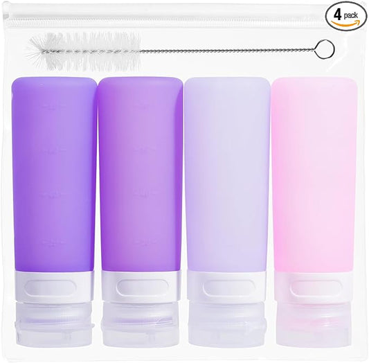 MICEBAY Condiment Squeeze Bottles for Sauces, 3-oz Mini Silicone Salad Dressing Container to Go with Snack Storage Bag, Leakproof Sauce Bottles for Lunch Box, 4 Pack, Purple