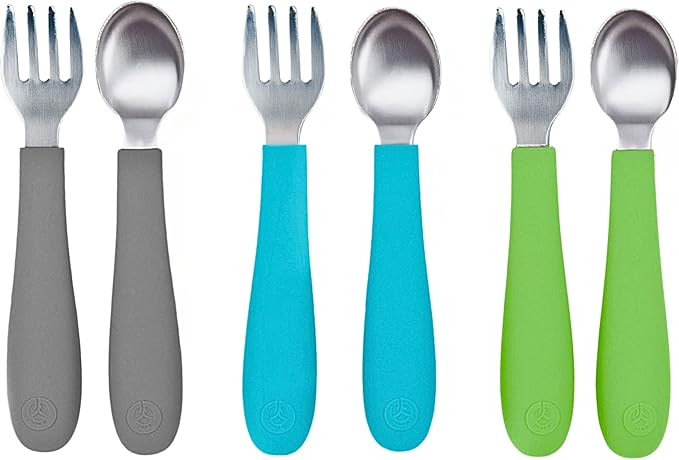 WeeSprout Toddler Utensils, 3 Forks & 3 Spoons, 18/8 Stainless Steel & Food Grade Silicone, Thick Easy-Grip Handles, Perfect Length For New Self Feeders, Gentle On Gums & Teeth, Dishwasher Safe