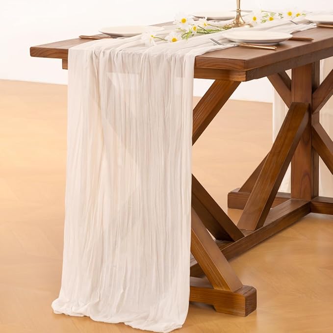 Socomi 10pcs Ivory White Cheesecloth Table Runner Boho Rustic Gauze 120 inch 10FT Cheese Cloth Sheer Runner for Wedding Party Baby Shower Birthday Home Decor Holiday Decorations