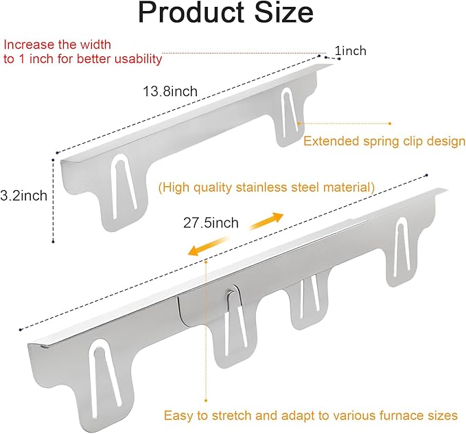 Stove Gap Covers Stainless Steel, Retractable Stove & Counter Gap Filler (13.8''–27.5''), Width 1'', Heat Resistant Metal Guard Between Stove and Countertop, Silver