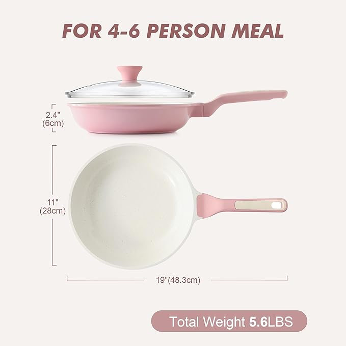 SENSARTE Nonstick Ceramic Frying Pan with Lid 11 Inch Omelet Pan Skillet, Free of Intentionally Added PFAS/PTFE Non-toxic Chef's Pan Induction Compatible Pan, Heat Resistant Handle, Sakura Pink