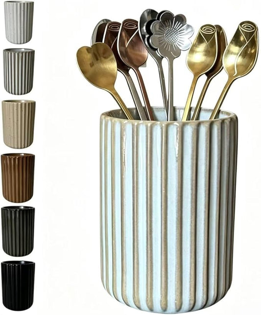 TOPYOKK Stoneware Coffee Bar Utensil Holder Tea & Coffee Spoon & Stirrer Holder for Stir Stick Straw Teaspoon Holder Spoon Cup Small Utensil Jar Fluted Vertical Stripe (Retro White)