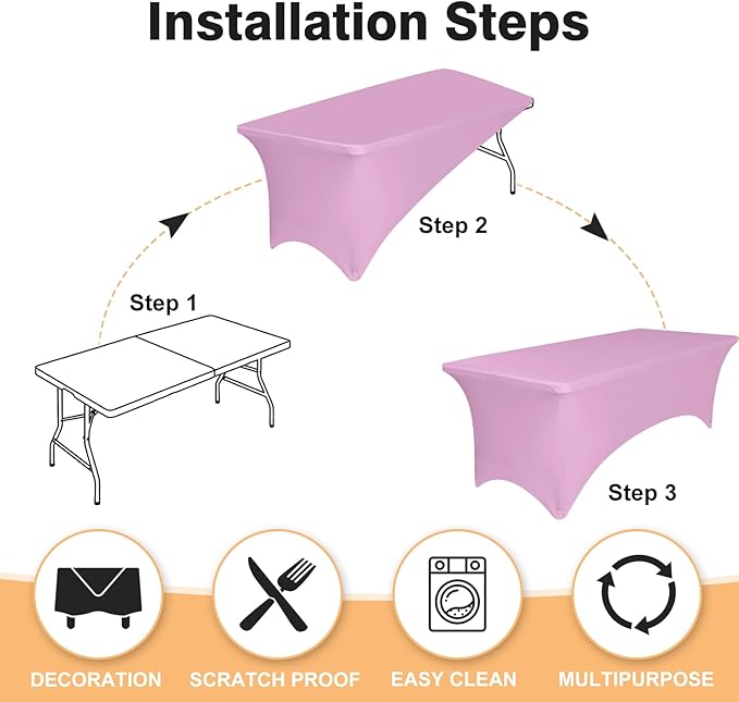 6 Pack 6 Feet Pink Spandex Tablecloth for Rectangular Tables, Fitted & Stretch, Washable, Wrinkle Resistant, Perfect for Event, Wedding, Party, Banquet, Cocktail, Festival, and Table Protector