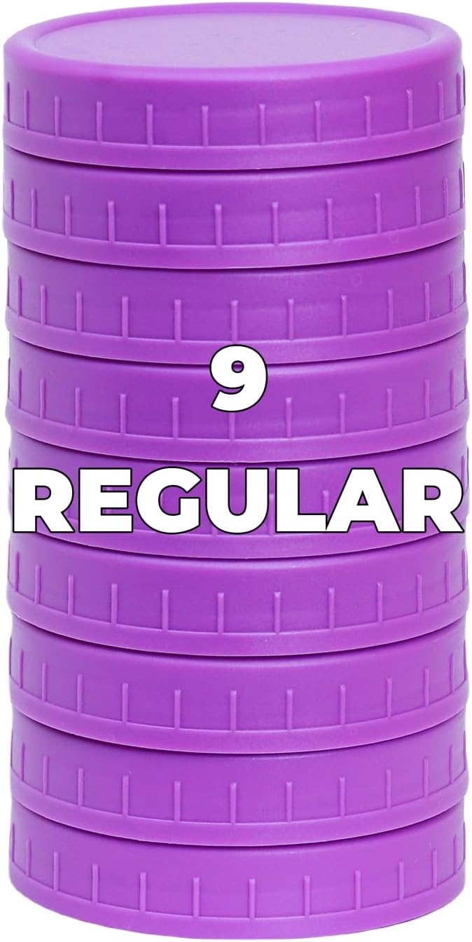 Bedgeta 9 Regular Mouth Mason Jar Lids with Silicone Ring,Thickened Leak-proof Lids Fit Ball,Kerr and More, 9 Purple Plastic, 70mm(Purple)