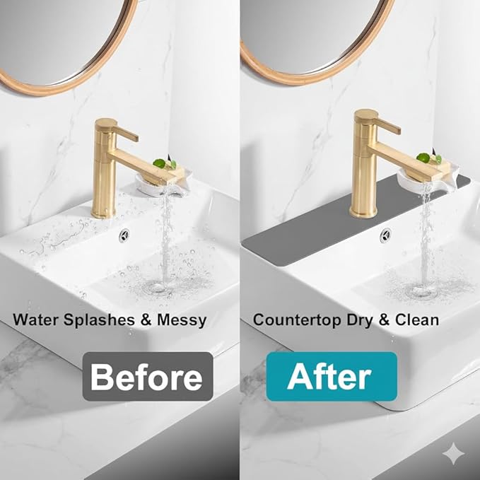 Customizable Faucet Mat for Kitchen Sink: 30"L x 5.5"W DIY Cuttable Bathroom Counter Protector - Cut to Fit with 2 or 3 Hole & Oval Rectangle Square Faucet Design - Extra Long Absorbent Splash Guard