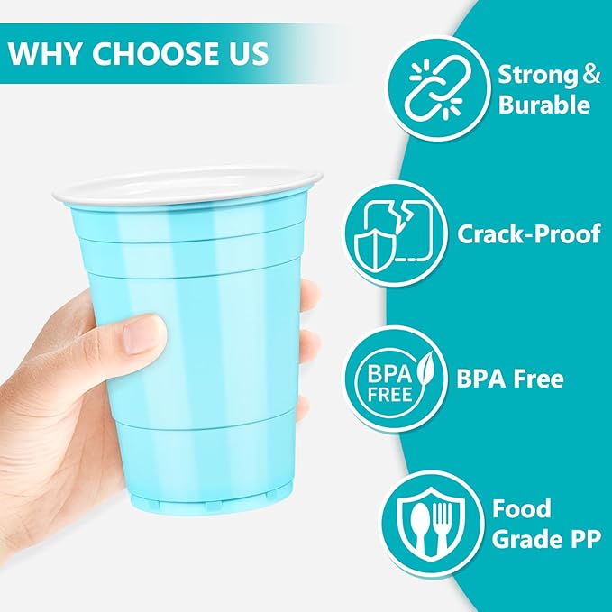 LANLISA 100 Light Blue Plastic Cups, 16 oz Disposable Cups, Drinking Cups For Party Supplies