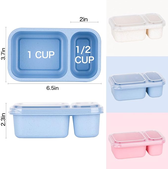DOSEWART 2-Compartment Reusable Snack Containers with Lids, Wheat Straw Reusable Snack Packs for Food Storage Meal Prep On-the-Go Snacking(3Pack)