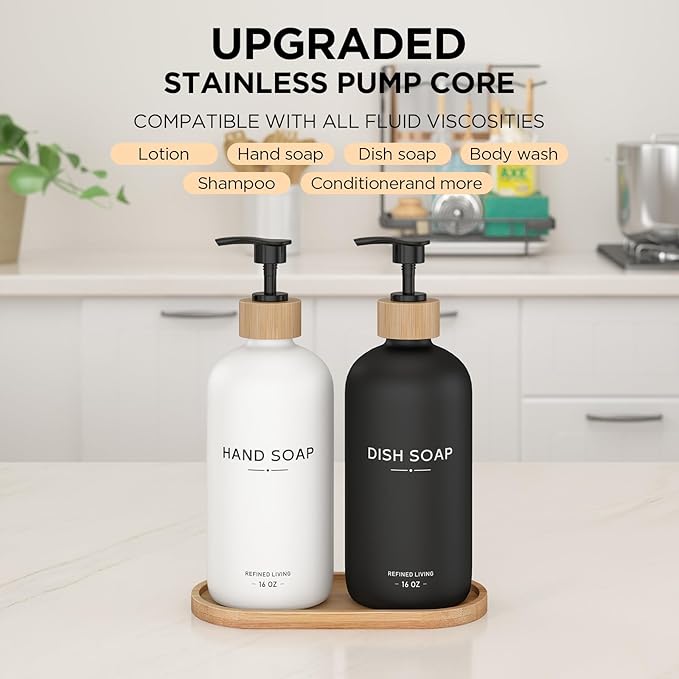 Hand and Dish Soap Dispenser Set,16oz Glass Bottles with Bamboo Pumps & Tray,Countertop Soap Dispensers for Kitchen,Luxury, Minimalist & Farmhouse Decor
