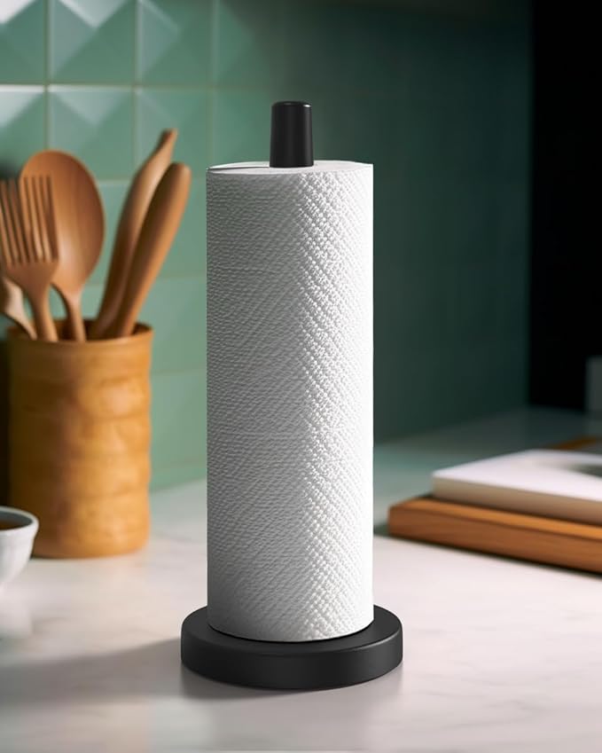KitchLife Wooden Paper Towel Holder Countertop - Solid Freestanding Paper Towel Dispenser Stand with Anti-Skid Base (Black)