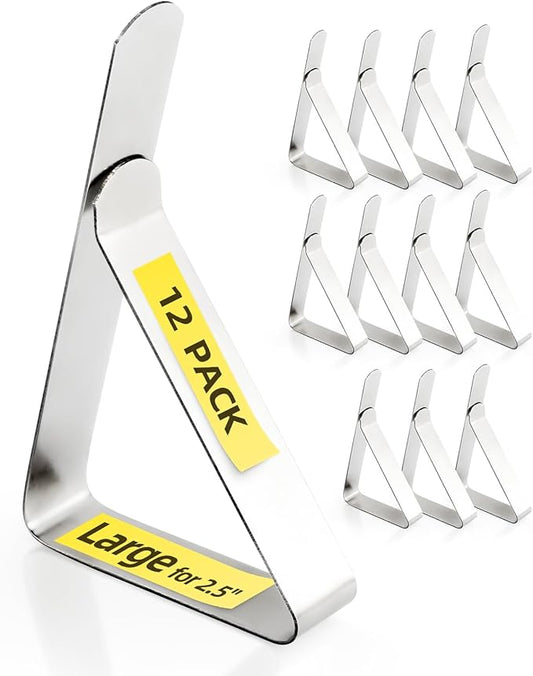 Tablecloth Clips for 2.5'' Thick Tables - 12 Pack Heavy Duty Picnic Table Clips, Stainless Steel Table Cloth Cover Clamps, Silver