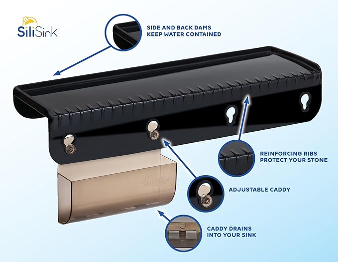 SiliSink Silicone Sink Edge Guard for Kitchen Sink - Fits 3.75”- 4” Wide - The Original Silicone Edge Protector with Sponge Caddy - Splash Guard, 14” Black Diamond
