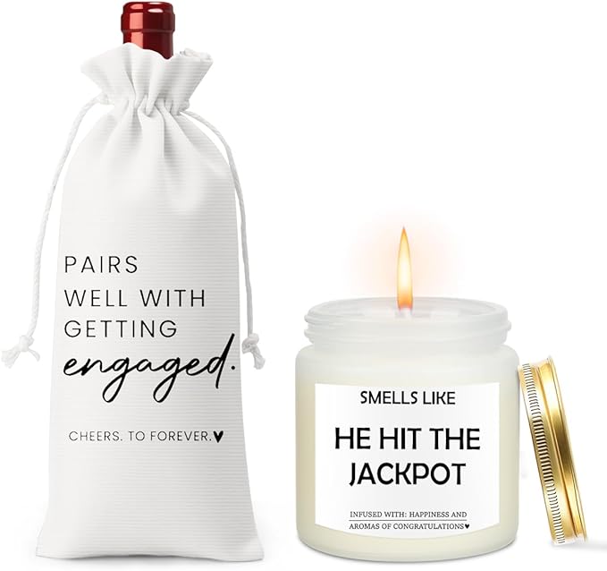 Engaged Engagement Gifts for Couples Her Engagement Party Decorations Bridal Shower Decorations Wine Bag Scented Candles Set Cheers To Forever Wine Bag Smell Like He Hit The Jackpot