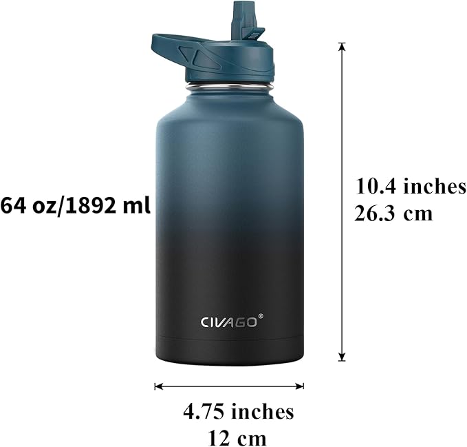 CIVAGO 64 oz Insulated Water Bottle With Straw, Half Gallon Stainless Steel Sports Water Flask Jug with 3 Lids (Straw, Spout and Handle Lid), Large Metal Thermal Cup Mug, Dark Night