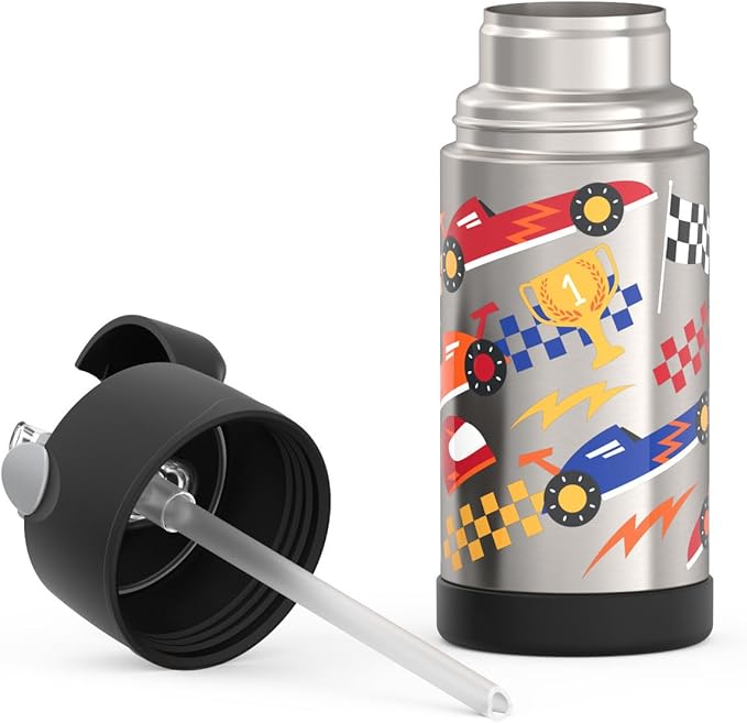 THERMOS FUNTAINER Water Bottle with Straw - 12 Ounce, Hot Rods - Kids Stainless Steel Vacuum Insulated Water Bottle with Lid
