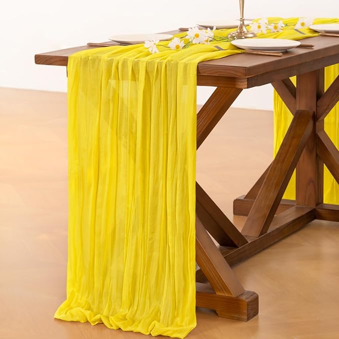 Socomi 10pcs Yellow Cheesecloth Table Runner Boho Rustic Gauze 120 inch 10FT Cheese Cloth Sheer Runner for Wedding Party Baby Shower Birthday Home Decor Holiday Decorations