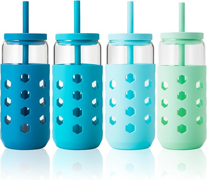 Mrsdry Glass Cups with Lids and Straws (4 Pcs), 20oz Drinking Glasses Set with Silicone Sleeves for Coffee Bar Accessories Iced Coffee Cups with Lids, Glass Tumbler Reusable for Gifts