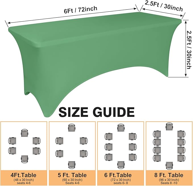 2 Pack 6 Feet Emerald Green Spandex Tablecloth for Tables, Fitted & Stretch, Washable, Wrinkle Resistant, Perfect for Event, Wedding, Party, Banquet, Cocktail, Festival, and Table Protector