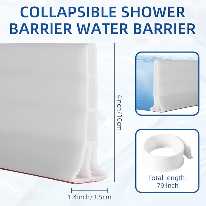 4'' High Shower Threshold Water Dam, 79" Long Collapsible Shower Water Splash Guard, Self-adhesive Shower Barrier