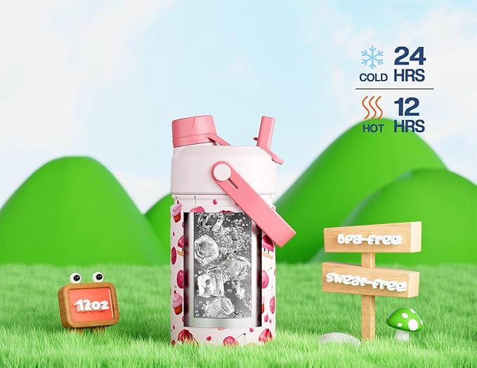12 oz Insulated Water Bottle for Kids: 2-in-1 Straw Spout Lid, Spill-proof, BPA-Free, Easy Clean, Keep Cold 24H, Cute Patterns, Stainless Steel Cup for School, Travel, Holiday Gift (Cherry Yum Yum)