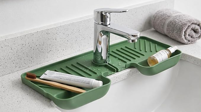 Silicone Kitchen Sink Splash Guard Faucet Mat with Deep Storage Trays,for Sponge Brush,Sloped Draining, Countertop Protector,For Tidy Homes,Renters,Bonus Sponge