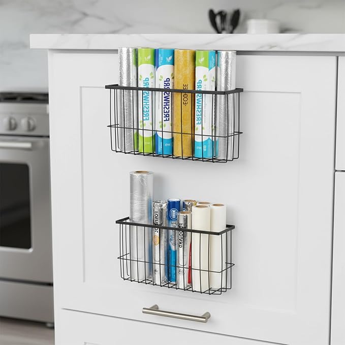 2 Pack Aluminum Foil and Plastic Wrap Organizer,Wall Mounted Cabinet Door Organizer,Kitchen Pantry Organizers and Storage,Wrapping Paper Shelf for Sandwich, Freezer, Ziplock Bag