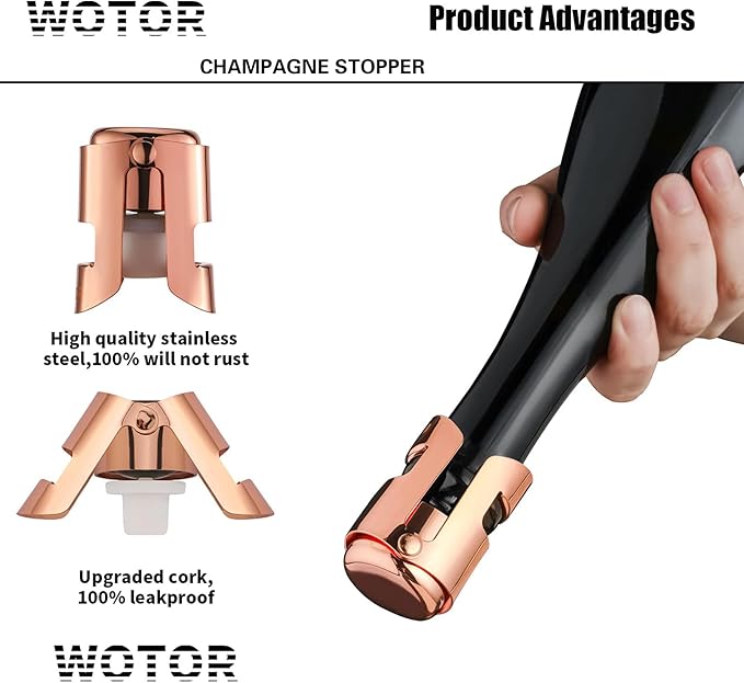 WOTOR Champagne Stoppers with Stainless Steel Champagne Bottle Stopper with Food Grade Silicone Reusable Champagne Cork, Saver Suitable for Champagne, Cava, Prosecco, Sparkling Wine (Rosegold, 2pack)