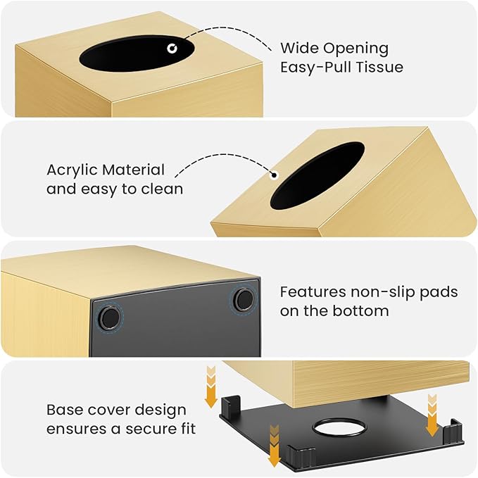 2 Pack Tissue Box Cover, Square Acrylic Tissue Holder, Decorative Facial Tissue Box Vessel Cube Paper Organizer Dispenser for Bathroom Office, Night Stand, Desk, Car, Vanity, Countertops, Gold